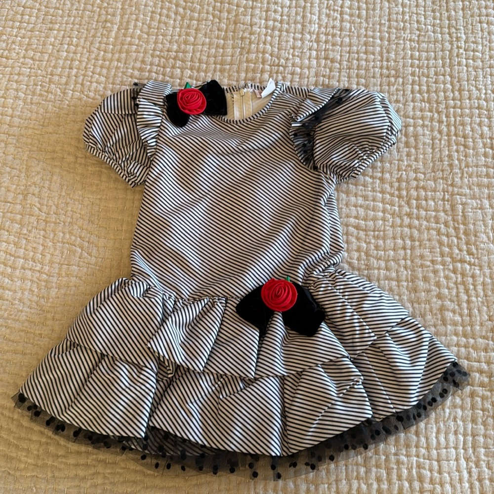 Vintage 1980s girls party dress - black and white striped with rose details